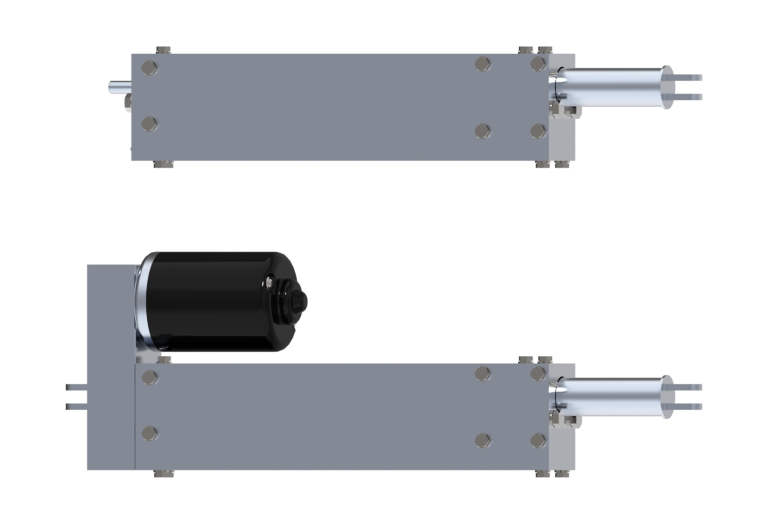 Rendering des geschlossenen Linearaktuators mit und ohne Antrieb Rendering des geschlossenen Linearaktuators mit und ohne Antrieb.
