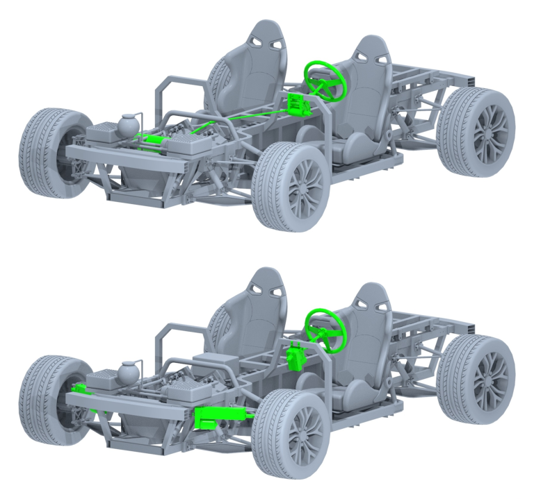 Mechanische und Steer-by-Wire-Lenkung im Vergleich Fahrzeugmodell mit mechanischer Lenkung oben und Steer-by-Wire-Lenkung unten. Die jeweiligen Lenkungskomponenten sind grün hervorgehoben.