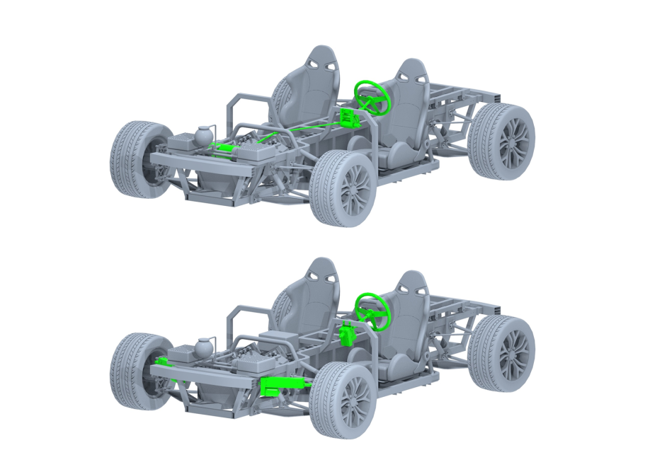 Mechanische Lenkung und Steer-by-Wire Fahrzeugmodell des Green Gen Nuevo 35 mit grün hervorgehobener mechanischer Lenkung oben und Steer-by-Wire-Komponenten unten.