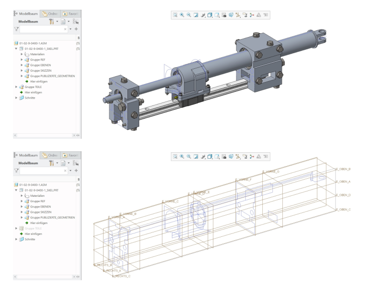 CAD-Darstellung des Linearaktuators – parametrische Konstruktion Parametrisch aufgebautes CAD-Modell des Linearaktuators mit übergeordnetem Skelettmodell und zugehörigen Referenzebenen.